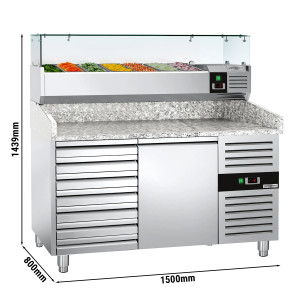 Pizzakühltisch ECO - 1500x800mm - mit 1 Tür & 7 Schubladen - inkl. Kühlaufsatzvitrine - 7x GN 1/4