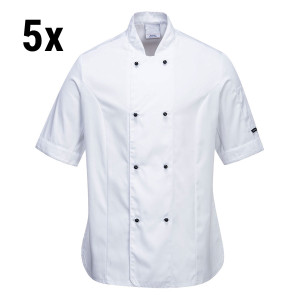 (5 Stück) Damen Kochjacke kurzarm - Weiß - Größe: XS - mit Seitenschlitzen & Netzgewebe im Achselbereich
