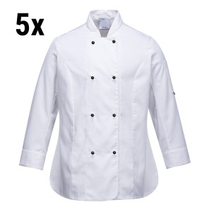 (5 Stück) Damen Kochjacke langarm - Weiß - Größe: XL