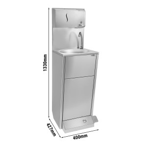 Handwaschbecken | Waschstation aus Edelstahl mit Fußbedienung, Papier- & Seifenspender
