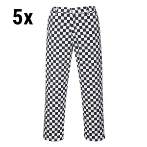 (5 Stück) Unisex Kochhose - Schwarz / Weiß - Größe: M - Schachbrettdesign - mit 3 Taschen