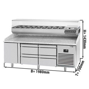 Pizzakühltisch PREMIUM PLUS - 1980x700mm - mit 1 Tür & 4 Schubladen - inkl. Kühlaufsatzvitrine - 9x GN 1/4