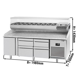 Pizzakühltisch PREMIUM PLUS - 1980x700mm - mit 1 Tür & 4 Schubladen - inkl. Kühlaufsatzvitrine - 9x GN 1/4