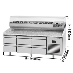 Pizzakühltisch PREMIUM PLUS - 1980x700mm - mit 6 Schubladen - inkl. Kühlaufsatzvitrine - 9x GN 1/4