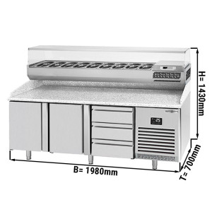 Pizzakühltisch PREMIUM PLUS - 1980x700mm - mit 2 Türen - inkl. Kühlaufsatzvitrine - 9x GN 1/4