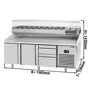 Pizzakühltisch PREMIUM PLUS - 1980x700mm - mit 2 Türen & 2 Schubladen - inkl. Kühlaufsatzvitrine - 9x GN 1/4