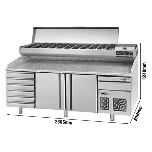 Pizzakühltisch PREMIUM PLUS - 2305x800mm - mit 2 Türen & 6 Schubladen - inkl. Kühlaufsatzvitrine - 11x GN 1/4