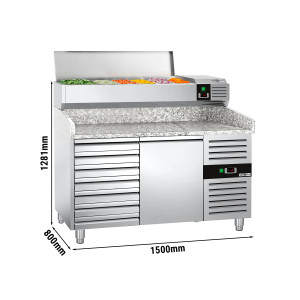 Pizzakühltisch PREMIUM - 1500x800mm - mit 1 Tür & 7 Schubladen - inkl. Kühlaufsatzvitrine - 6x GN 1/3