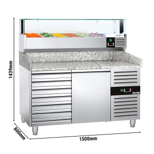Pizzakühltisch PREMIUM - 1500x800mm - mit 1 Tür & 7 Schubladen - inkl. Kühlaufsatzvitrine LED - 5x GN 1/3 + 1x GN 1/2