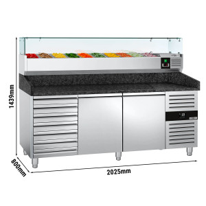 Pizzakühltisch PREMIUM - 2000x800mm - mit 2 Türen & 7 Schubladen - inkl. Kühlaufsatzvitrine - 10x GN 1/4