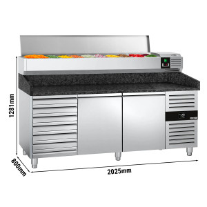 Pizzakühltisch PREMIUM - 2000x800mm - mit 2 Türen & 7 Schubladen - inkl. Kühlaufsatzvitrine - 9x GN 1/3
