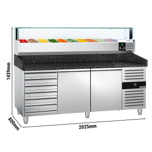 Pizzakühltisch PREMIUM - 2000x800mm - mit 2 Türen & 7 Schubladen - inkl. Kühlaufsatzvitrine LED - 10x GN 1/4