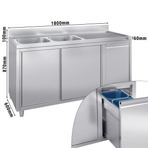 Spülschrank - 1800x600mm - mit Abfallbehälter & 2 Becken links