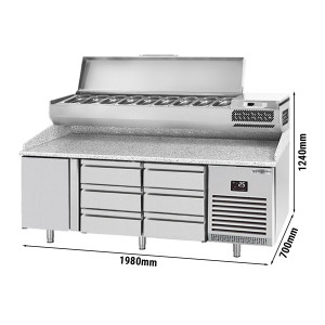 Pizzakühltisch PREMIUM PLUS - 1980x700mm - mit 1 Tür & 6 Schubladen - inkl. Kühlaufsatzvitrine - 9x GN 1/4