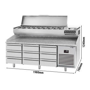 Pizzakühltisch PREMIUM PLUS - 1980x700mm - mit 9 Schubladen - inkl. Kühlaufsatzvitrine - 9x GN 1/4