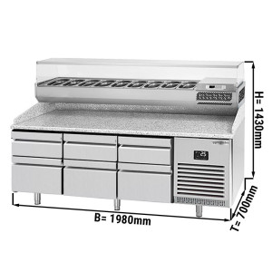 Pizzakühltisch PREMIUM PLUS - 1980x700mm - mit 6 Schubladen - inkl. Kühlaufsatzvitrine - 9x GN 1/4