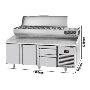 Pizzakühltisch PREMIUM PLUS - 1980x700mm - mit 2 Türen & 2 Schubladen - inkl. Kühlaufsatzvitrine - 9x GN 1/4