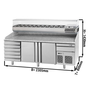 Pizzakühltisch PREMIUM PLUS - 2305x800mm - mit 2 Türen & 6 Schubladen - inkl. Kühlaufsatzvitrine - 11x GN 1/4