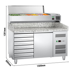 Pizzakühltisch ECO - 1500x800mm - mit 1 Tür & 7 Schubladen - inkl. Kühlaufsatzvitrine - 7x GN 1/4