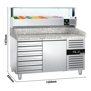 Pizzakühltisch PREMIUM - 1500x800mm - mit 1 Tür & 7 Schubladen - inkl. Kühlaufsatzvitrine LED - 7x GN 1/4