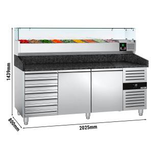 Pizzakühltisch PREMIUM - 2000x800mm - mit 2 Türen & 7 Schubladen - inkl. Kühlaufsatzvitrine - 9x GN 1/3