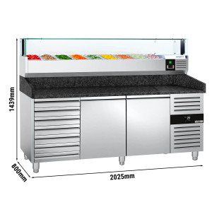 Pizzakühltisch PREMIUM - 2000x800mm - mit 2 Türen & 7 Schubladen - inkl. Kühlaufsatzvitrine LED - 9x GN 1/3